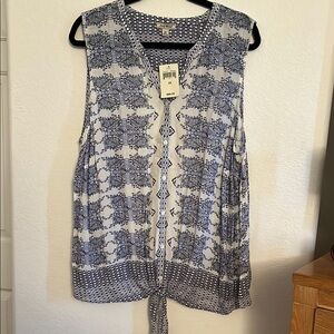 Lucky Brand Blue and White Sleeveless Tie-Front Blouse